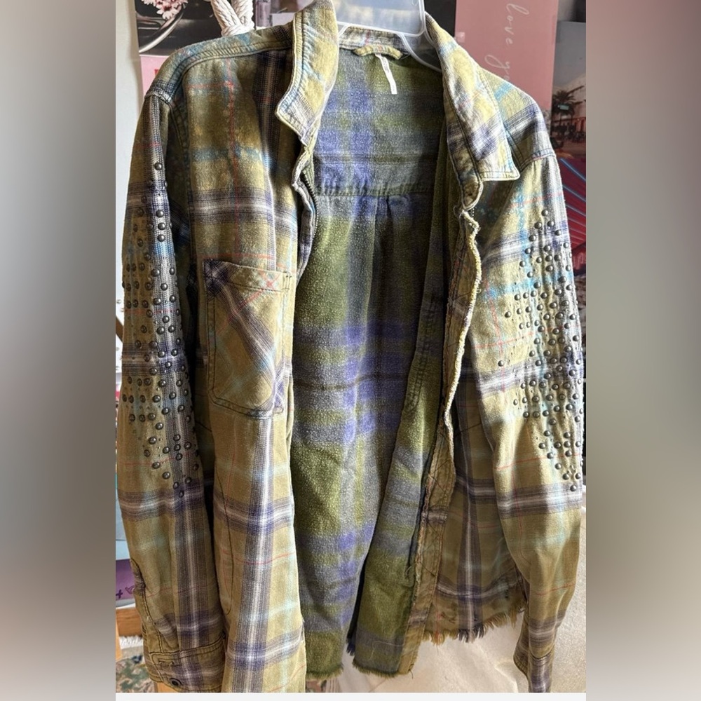 Free People Studded Distressed Plaid Jacket in Green and Blue. Oversized